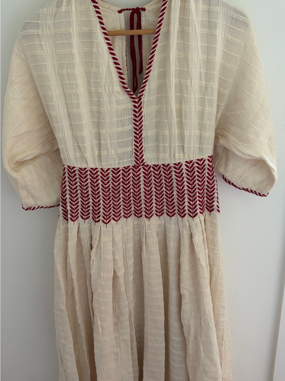 Free People Cream Midi summer Dress with Red Embroidered Waist